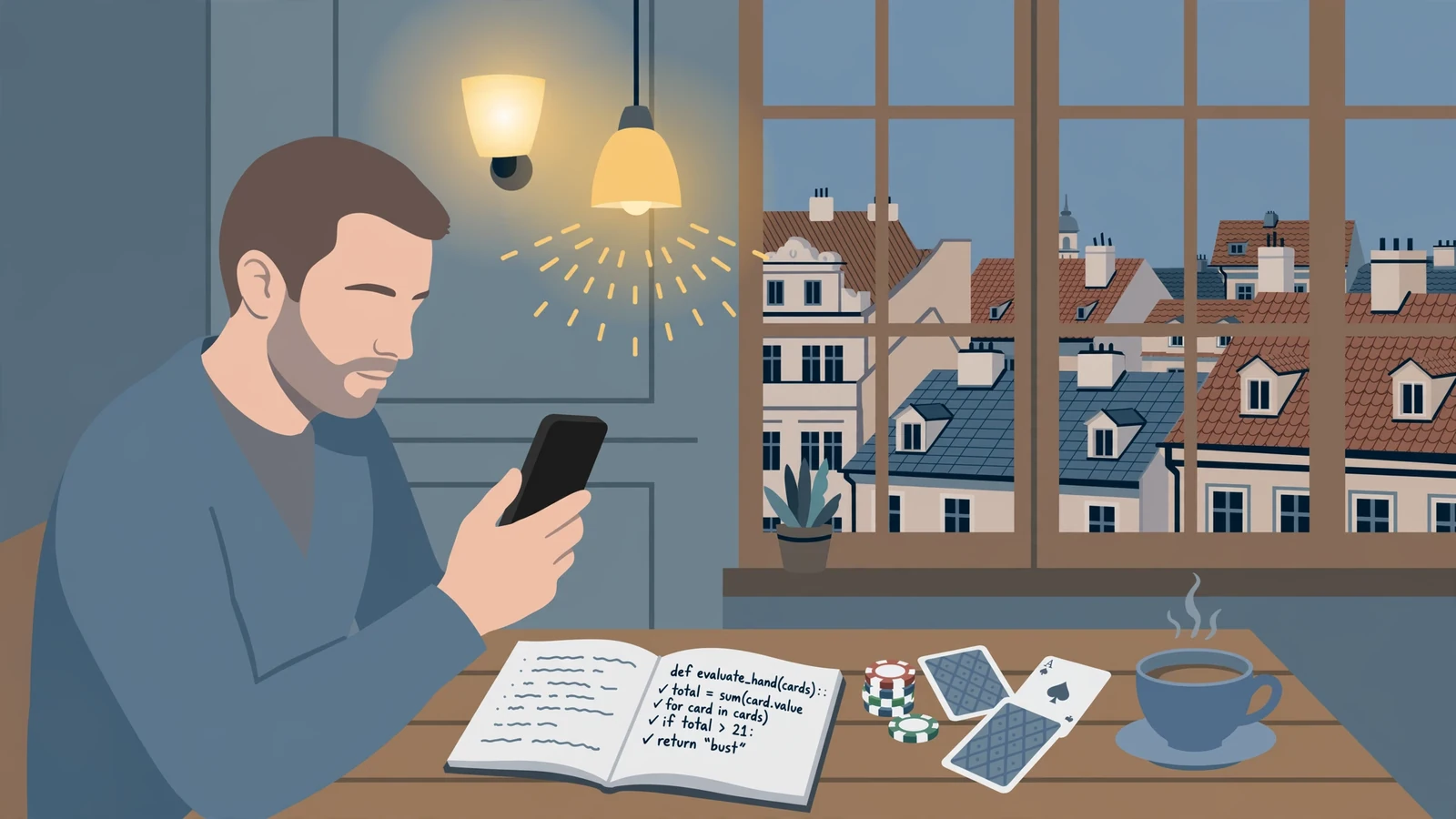 Hráč se smartphonem a promo kódem u stolu v bytě
