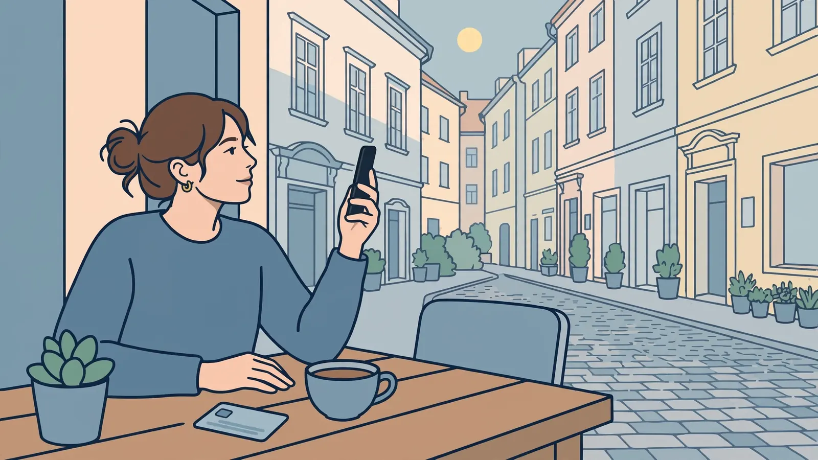Žena s mobilem a platební kartou u kavárního stolu v Praze