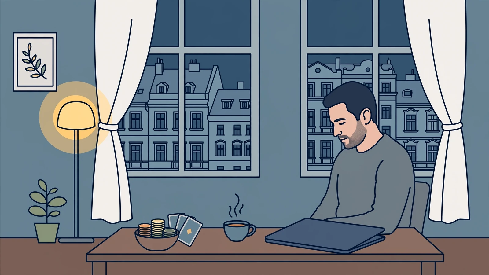 Zavřený notebook, žetony a hrnček čaje na stole ve večerním pokoji