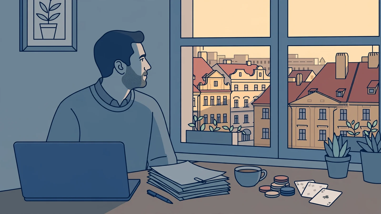 Stůl s dokumenty, žetony a karty, za oknem pražské domy